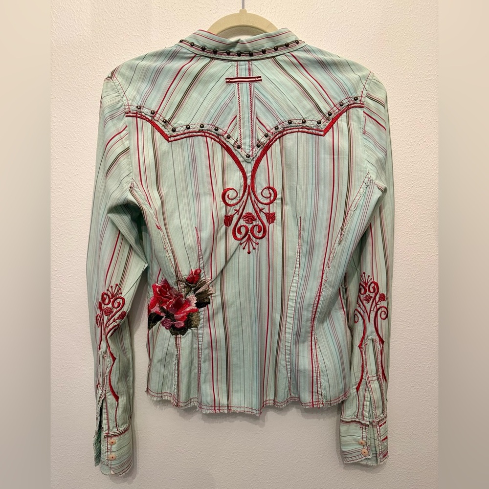 Johnny Was 3J Workshop Aqua Western Embroidered Shirt - Picture 3 of 6